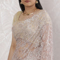 Elegant French Metallic Chantilly Lace Saree with Stone Work in Blush Pink and Silver - 5.5 Mtrs, 110 cm-D19504