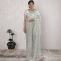 Stunning French Metallic Chantilly Lace Saree with Stone Work in Silver - 5.5 Mtrs, 110 cm-D19505