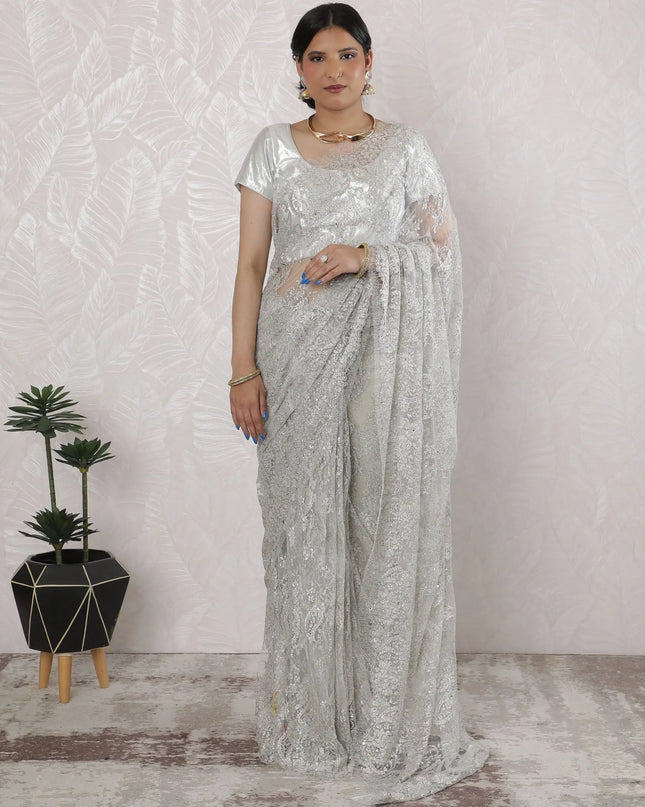 Stunning French Metallic Chantilly Lace Saree with Stone Work in Silver - 5.5 Mtrs, 110 cm-D19505 Regal Fabrics