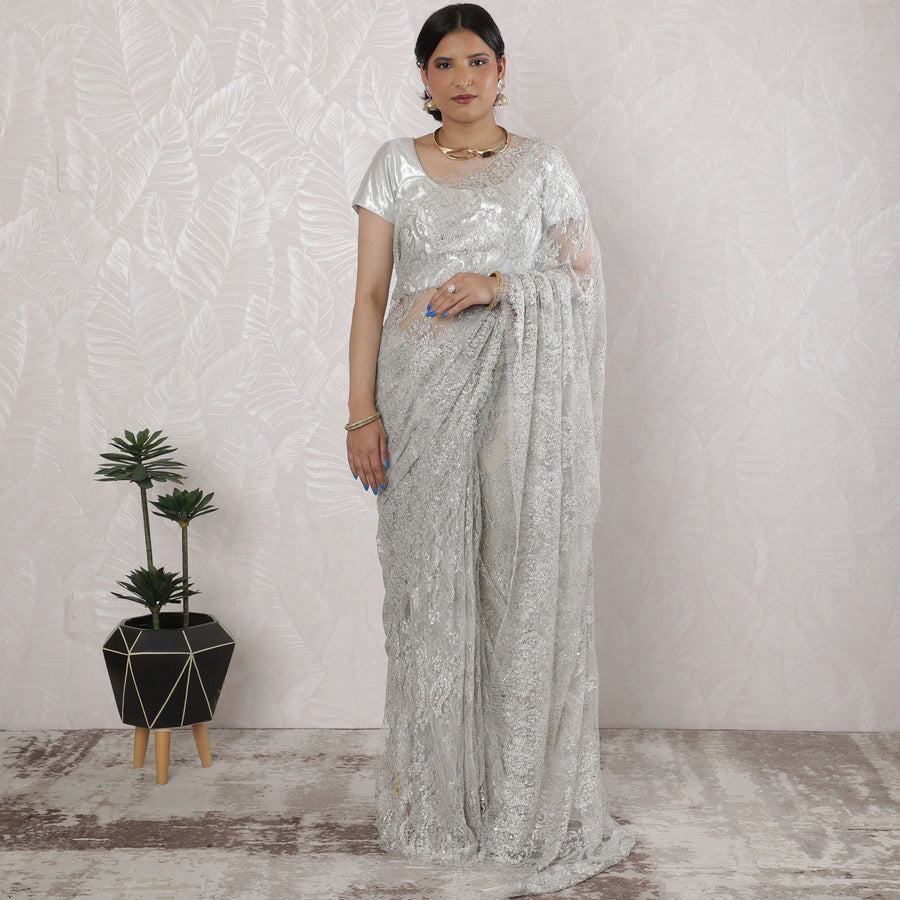 Stunning French Metallic Chantilly Lace Saree with Stone Work in Silver - 5.5 Mtrs, 110 cm-D19505