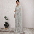 Stunning French Metallic Chantilly Lace Saree with Stone Work in Silver - 5.5 Mtrs, 110 cm-D19505