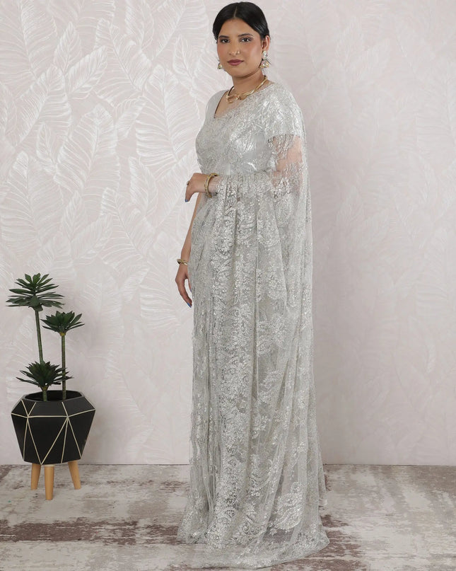 Stunning French Metallic Chantilly Lace Saree with Stone Work in Silver - 5.5 Mtrs, 110 cm-D19505 Regal Fabrics