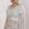 Stunning French Metallic Chantilly Lace Saree with Stone Work in Silver - 5.5 Mtrs, 110 cm-D19505