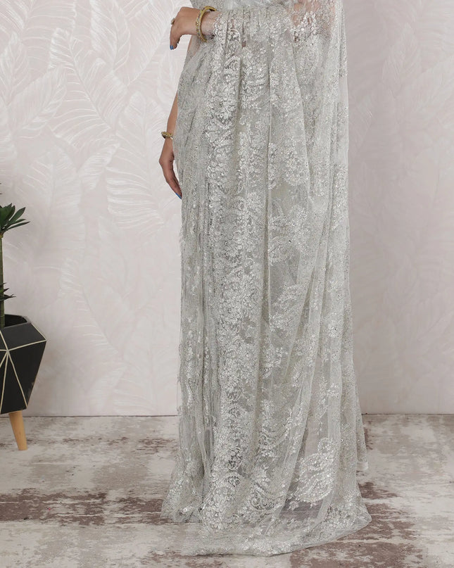 Stunning French Metallic Chantilly Lace Saree with Stone Work in Silver - 5.5 Mtrs, 110 cm-D19505 Regal Fabrics