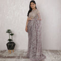 Elegant French Metallic Chantilly Lace Saree with Stone Work in Lavender and Silver - 5.5 Mtrs, 110 cm-D19506