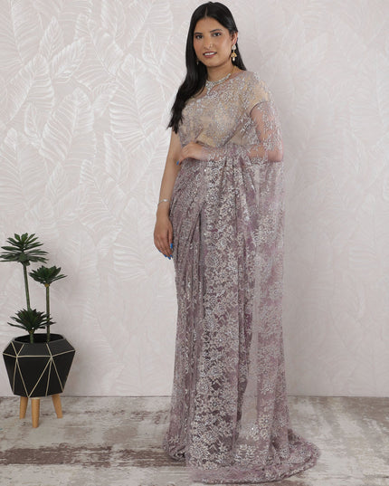 Elegant French Metallic Chantilly Lace Saree with Stone Work in Lavender and Silver - 5.5 Mtrs, 110 cm-D19506