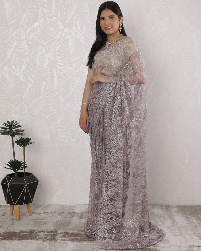 Elegant French Metallic Chantilly Lace Saree with Stone Work in Lavender and Silver - 5.5 Mtrs, 110 cm-D19506