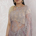Elegant French Metallic Chantilly Lace Saree with Stone Work in Lavender and Silver - 5.5 Mtrs, 110 cm-D19506