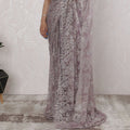 Elegant French Metallic Chantilly Lace Saree with Stone Work in Lavender and Silver - 5.5 Mtrs, 110 cm-D19506
