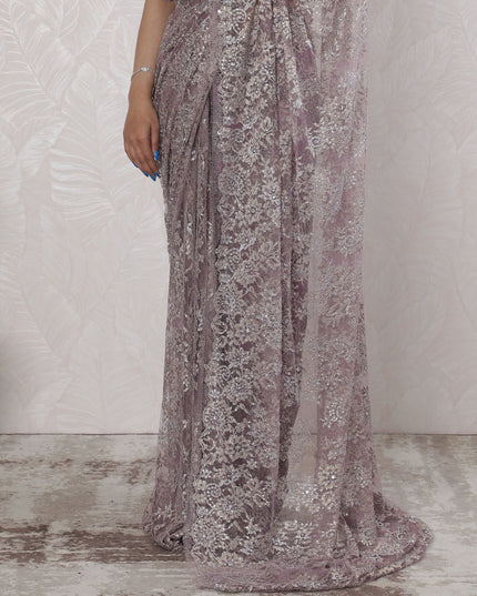 Elegant French Metallic Chantilly Lace Saree with Stone Work in Lavender and Silver - 5.5 Mtrs, 110 cm-D19506