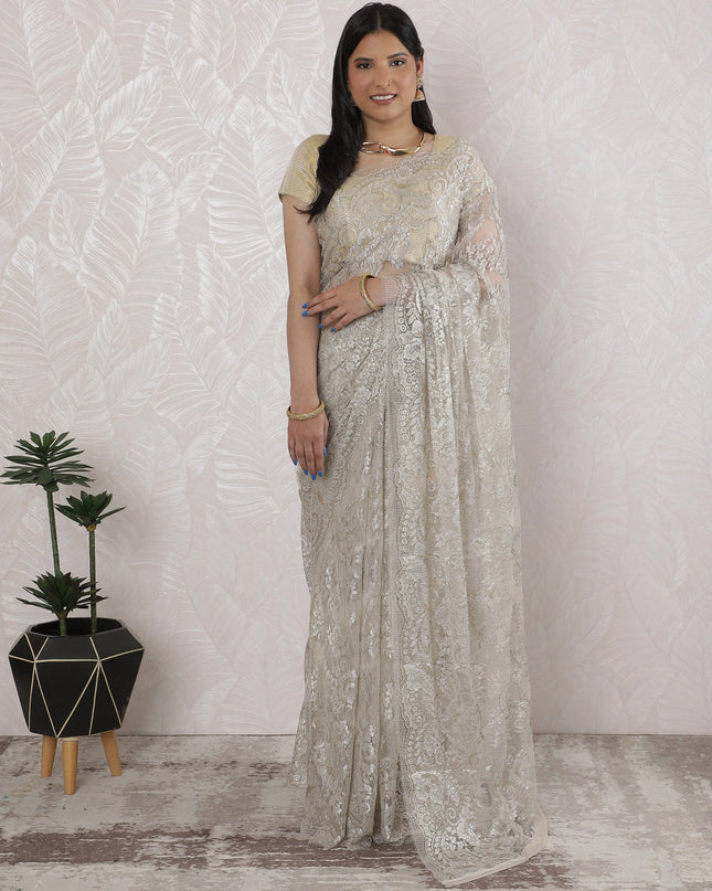 Elegant French Metallic Chantilly Lace Saree in Gold and Silver - 5.5 Mtrs, 110 cm-D19507 Regal Fabrics