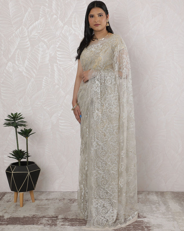 Elegant French Metallic Chantilly Lace Saree in Gold and Silver - 5.5 Mtrs, 110 cm-D19507 Regal Fabrics