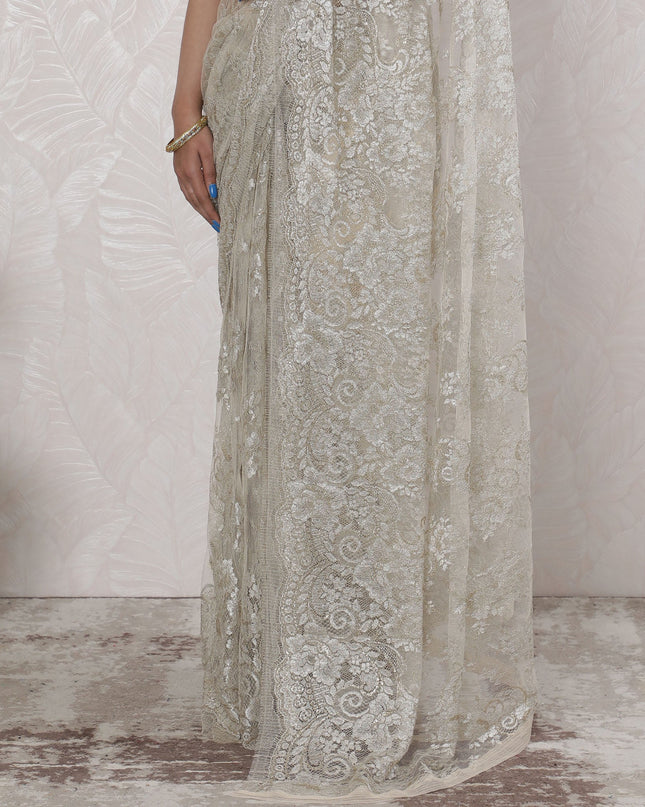 Elegant French Metallic Chantilly Lace Saree in Gold and Silver - 5.5 Mtrs, 110 cm-D19507 Regal Fabrics