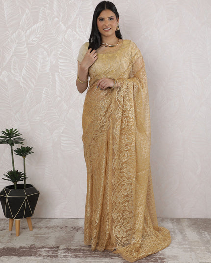 Exquisite French Metallic Chantilly Lace Saree in Gold - 5.5 Mtrs, 110 cm-D19508
