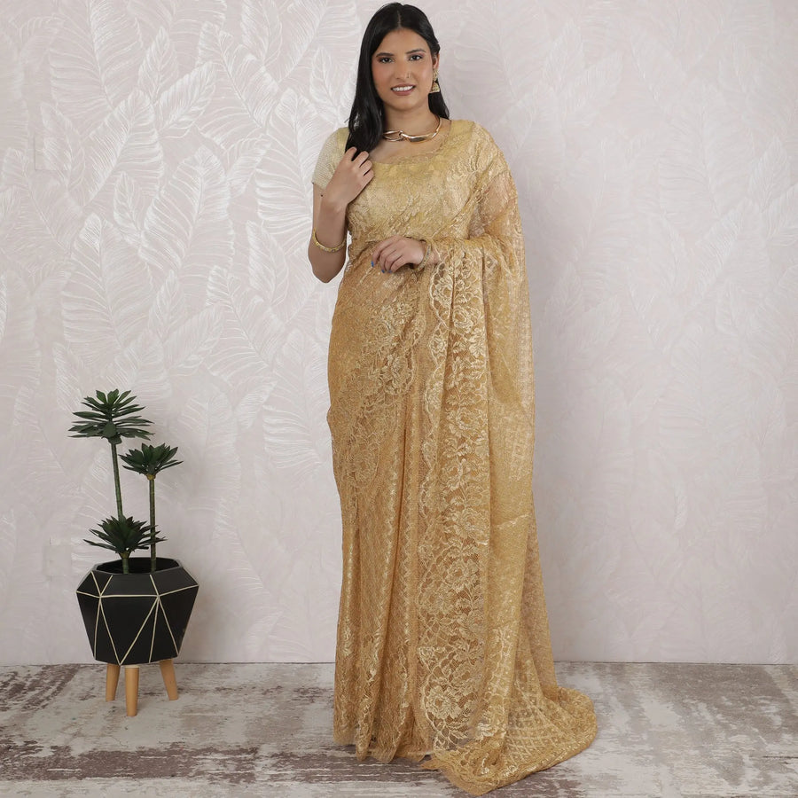 Exquisite French Metallic Chantilly Lace Saree in Gold - 5.5 Mtrs, 110 cm-D19508 Regal Fabrics
