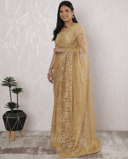 Exquisite French Metallic Chantilly Lace Saree in Gold - 5.5 Mtrs, 110 cm-D19508