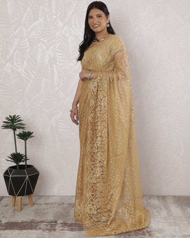 Exquisite French Metallic Chantilly Lace Saree in Gold - 5.5 Mtrs, 110 cm-D19508