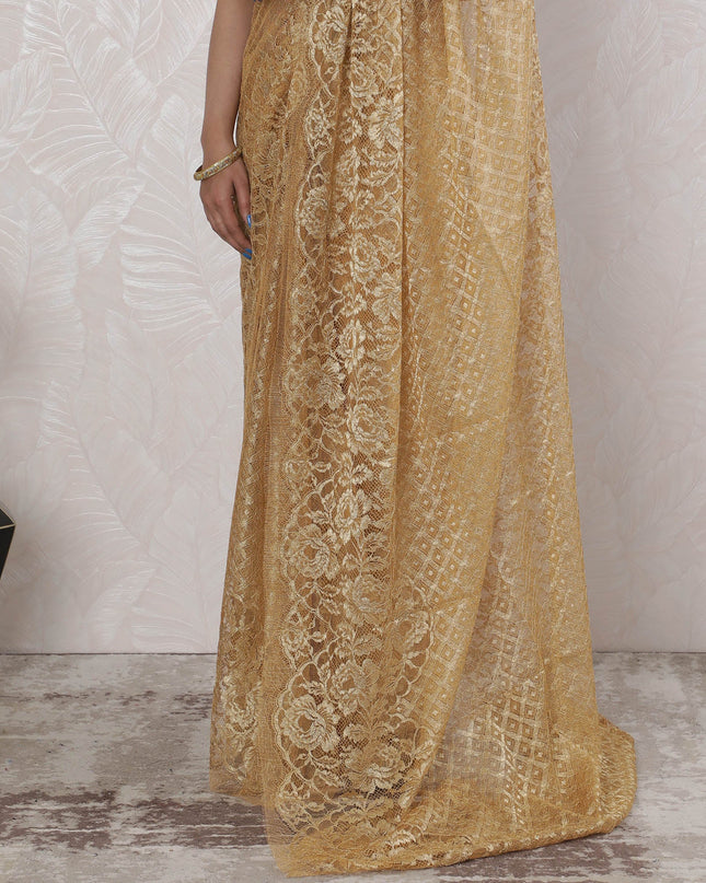 Exquisite French Metallic Chantilly Lace Saree in Gold - 5.5 Mtrs, 110 cm-D19508