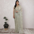 Elegant French Metallic Chantilly Lace Saree in Sage Green and Silver - 5.5 Mtrs, 110 cm-D19509