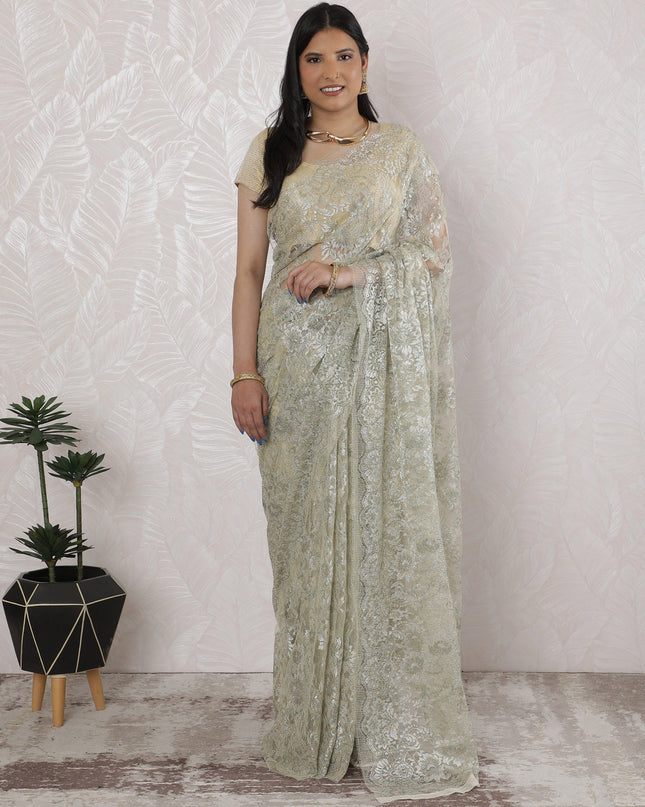 Elegant French Metallic Chantilly Lace Saree in Sage Green and Silver - 5.5 Mtrs, 110 cm-D19509 Regal Fabrics