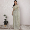 Elegant French Metallic Chantilly Lace Saree in Sage Green and Silver - 5.5 Mtrs, 110 cm-D19509