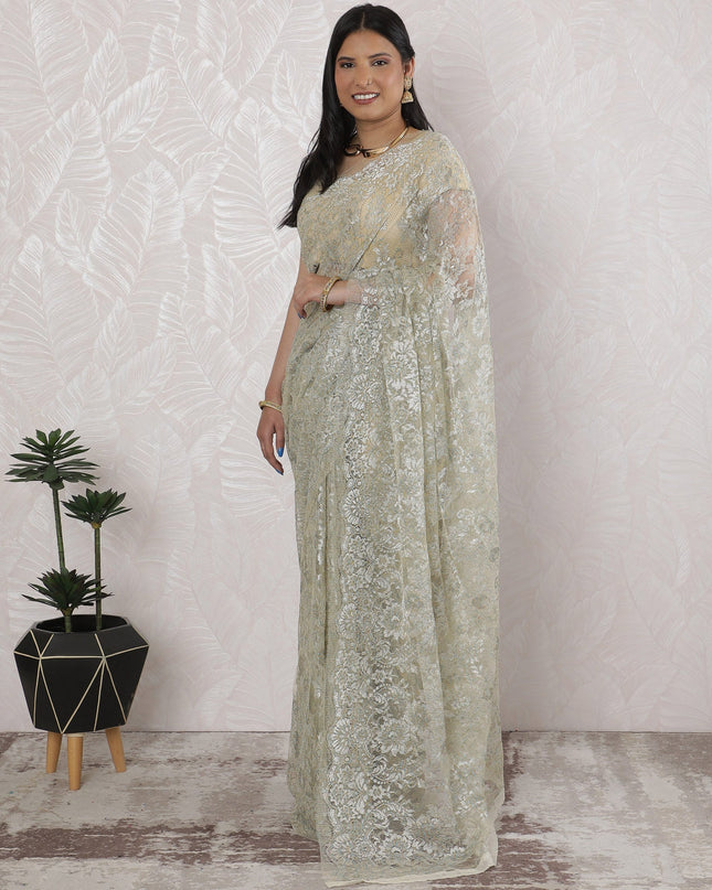 Elegant French Metallic Chantilly Lace Saree in Sage Green and Silver - 5.5 Mtrs, 110 cm-D19509 Regal Fabrics