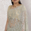 Elegant French Metallic Chantilly Lace Saree in Sage Green and Silver - 5.5 Mtrs, 110 cm-D19509