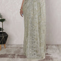 Elegant French Metallic Chantilly Lace Saree in Sage Green and Silver - 5.5 Mtrs, 110 cm-D19509
