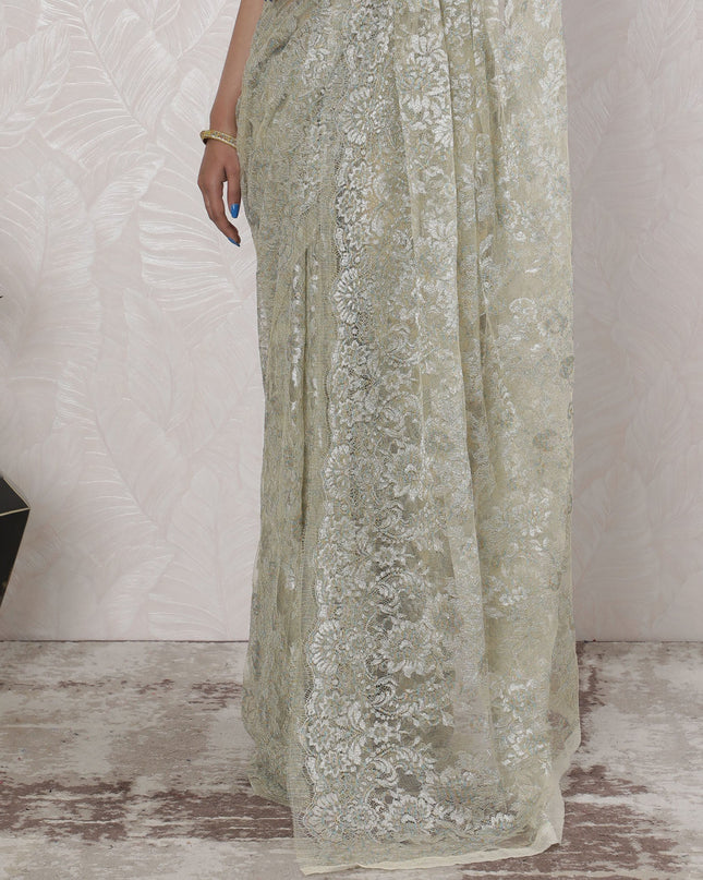 Elegant French Metallic Chantilly Lace Saree in Sage Green and Silver - 5.5 Mtrs, 110 cm-D19509 Regal Fabrics