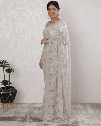 Elegant French Metallic Chantilly Lace Saree in Silver and Blush - 5.5 Mtrs, 110 cm-D19510