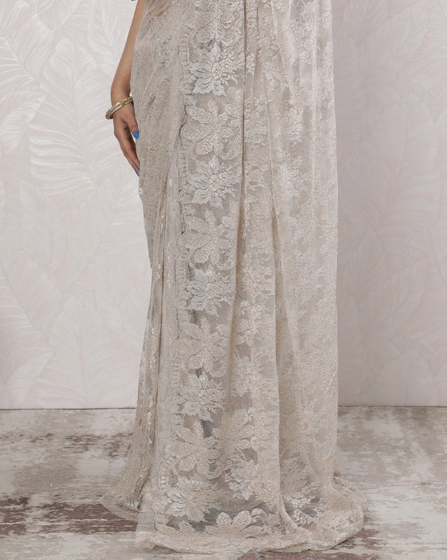 Elegant French Metallic Chantilly Lace Saree in Silver and Blush - 5.5 Mtrs, 110 cm-D19510