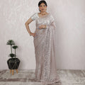 Elegant French Metallic Chantilly Lace Saree in Silver Pink - 5.5 Mtrs, 110 cm-D19511 Regal Fabrics