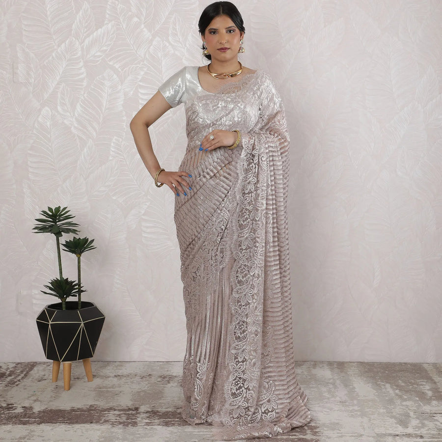 Elegant French Metallic Chantilly Lace Saree in Silver Pink - 5.5 Mtrs, 110 cm-D19511 Regal Fabrics