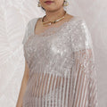 Elegant French Metallic Chantilly Lace Saree in Silver Pink - 5.5 Mtrs, 110 cm-D19511 Regal Fabrics