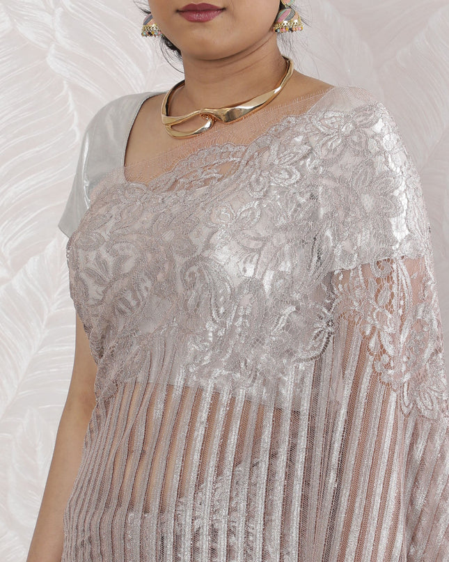 Elegant French Metallic Chantilly Lace Saree in Silver Pink - 5.5 Mtrs, 110 cm-D19511 Regal Fabrics
