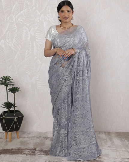 Elegant French Metallic Chantilly Lace Saree in Steel Grey - 5.5 Mtrs, 110 cm-D19512