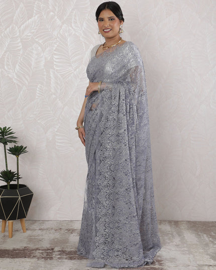 Elegant French Metallic Chantilly Lace Saree in Steel Grey - 5.5 Mtrs, 110 cm-D19512