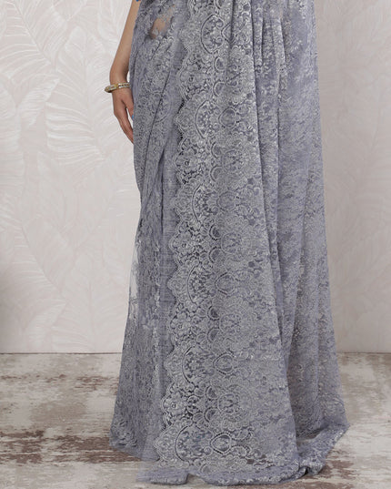 Elegant French Metallic Chantilly Lace Saree in Steel Grey - 5.5 Mtrs, 110 cm-D19512