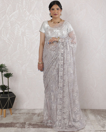 Elegant French Metallic Chantilly Lace Saree in Platinum Silver - 5.5 Mtrs, 110 cm-D19513