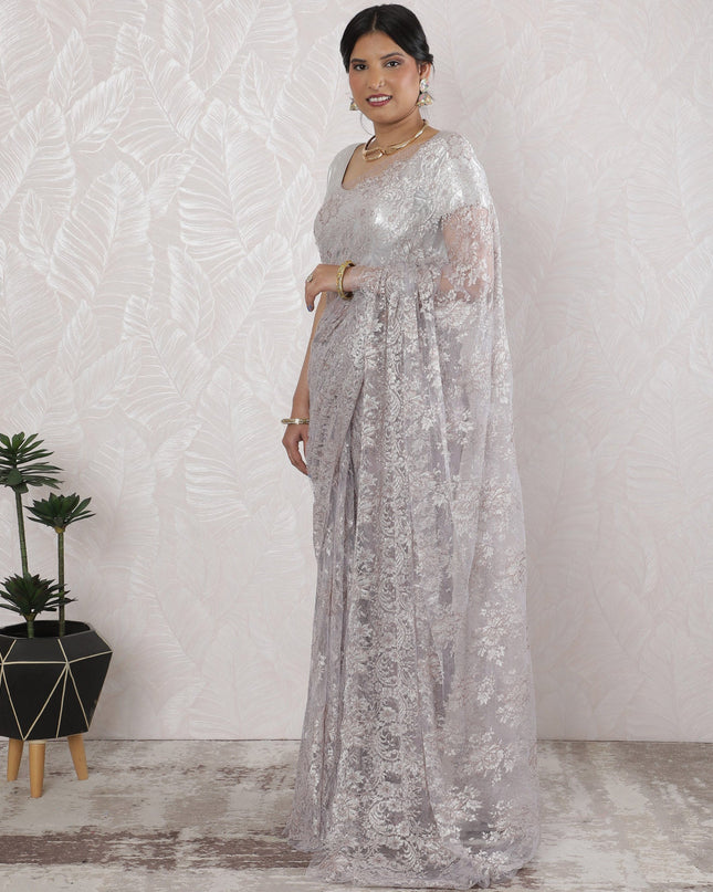 Elegant French Metallic Chantilly Lace Saree in Platinum Silver - 5.5 Mtrs, 110 cm-D19513