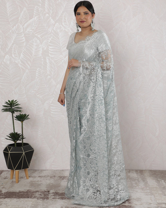 Elegant French Metallic Chantilly Lace Saree in Ice Blue - 5.5 Mtrs, 110 cm-D19514 Regal Fabrics