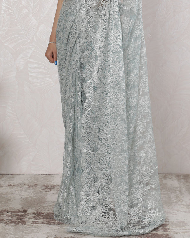 Elegant French Metallic Chantilly Lace Saree in Ice Blue - 5.5 Mtrs, 110 cm-D19514 Regal Fabrics