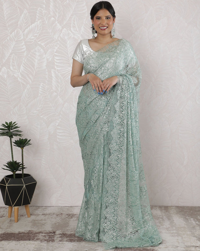 Elegant French Metallic Chantilly Lace Saree in Mint Green - 5.5 Mtrs, 110 cm-D19515