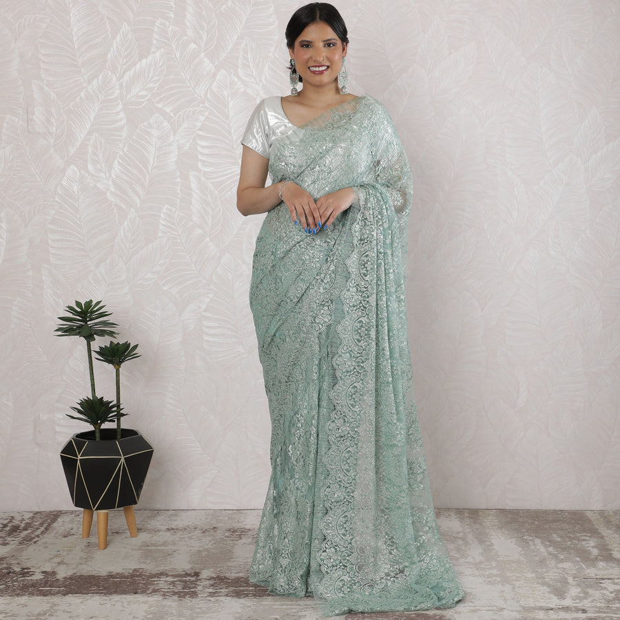 Elegant French Metallic Chantilly Lace Saree in Mint Green - 5.5 Mtrs, 110 cm-D19515