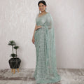 Elegant French Metallic Chantilly Lace Saree in Mint Green - 5.5 Mtrs, 110 cm-D19515