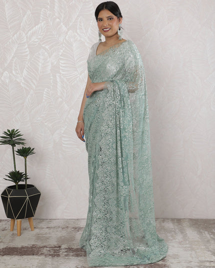 Elegant French Metallic Chantilly Lace Saree in Mint Green - 5.5 Mtrs, 110 cm-D19515