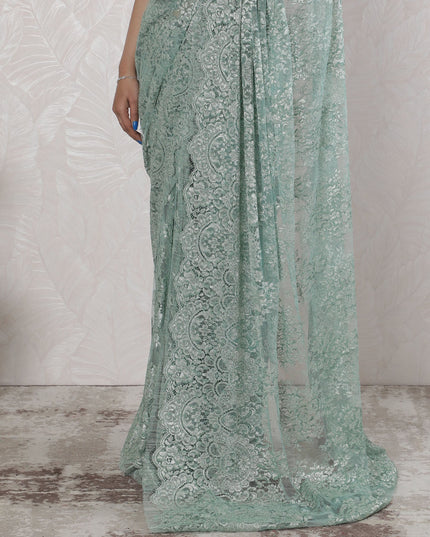 Elegant French Metallic Chantilly Lace Saree in Mint Green - 5.5 Mtrs, 110 cm-D19515