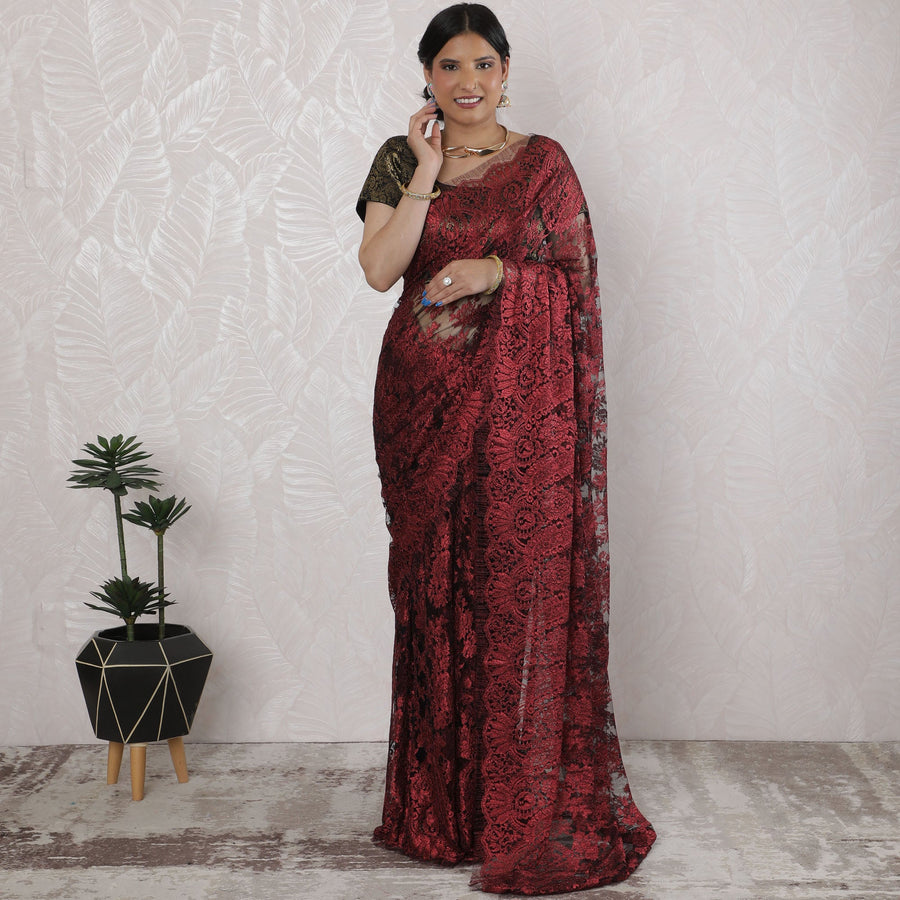 Elegant French Metallic Chantilly Lace Saree in Deep Red and Black - 5.5 Mtrs, 110 cm-D19516