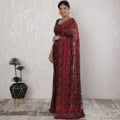Elegant French Metallic Chantilly Lace Saree in Deep Red and Black - 5.5 Mtrs, 110 cm-D19516