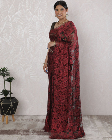 Elegant French Metallic Chantilly Lace Saree in Deep Red and Black - 5.5 Mtrs, 110 cm-D19516